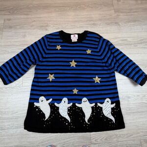 Vintage Quacker Factory Women 1X Blue Black Stripe Ghost Stars Halloween Sweater